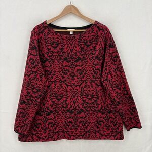 J Jill Sweater Womens 2X Red Black Jacquard Damask Print Long Sleeve Pullover